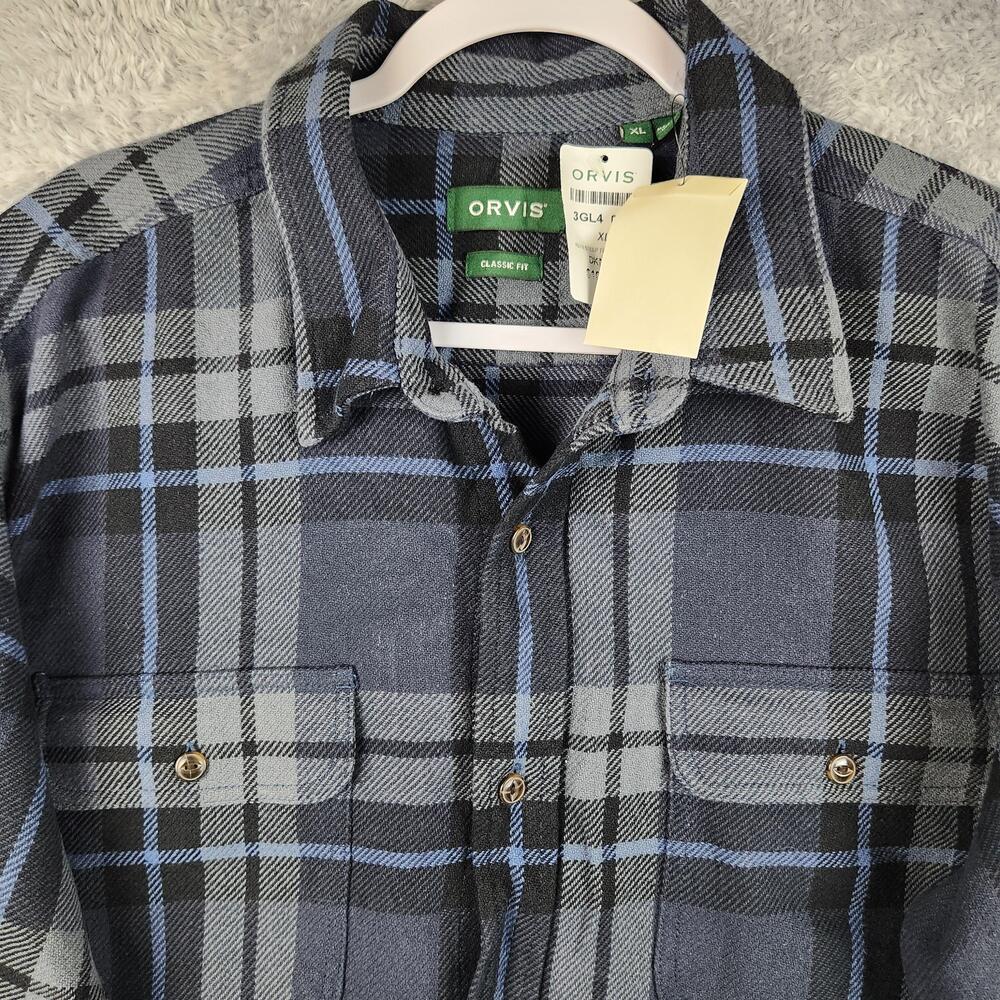 Orvis Shirt Mens XL Blue Plaid Twill Ketti Steep Flannel Pockets Heavy Outdoor